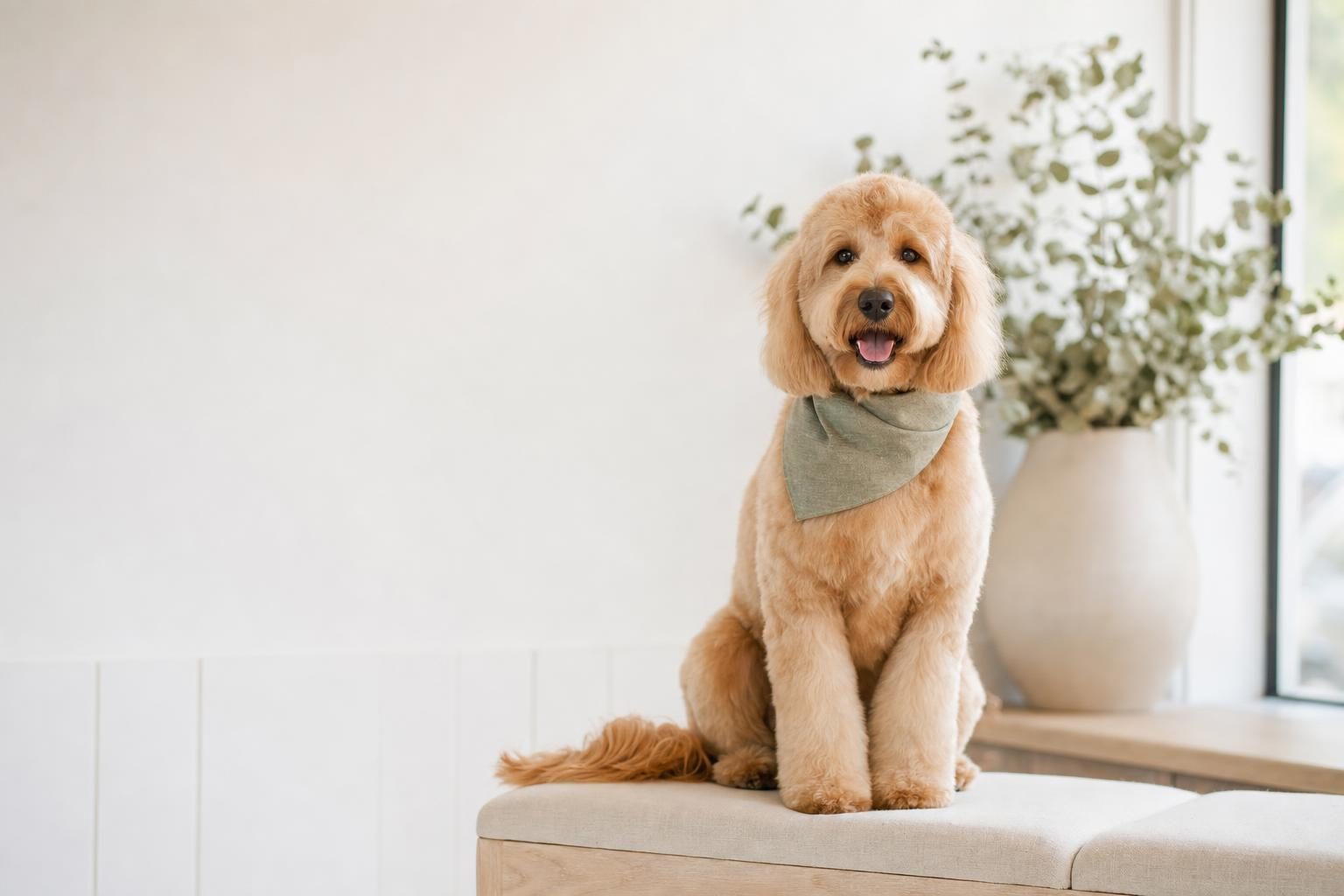 A freshly groomed apricot goldendoodle sitting on a linen bench, wearing a sage bandana.