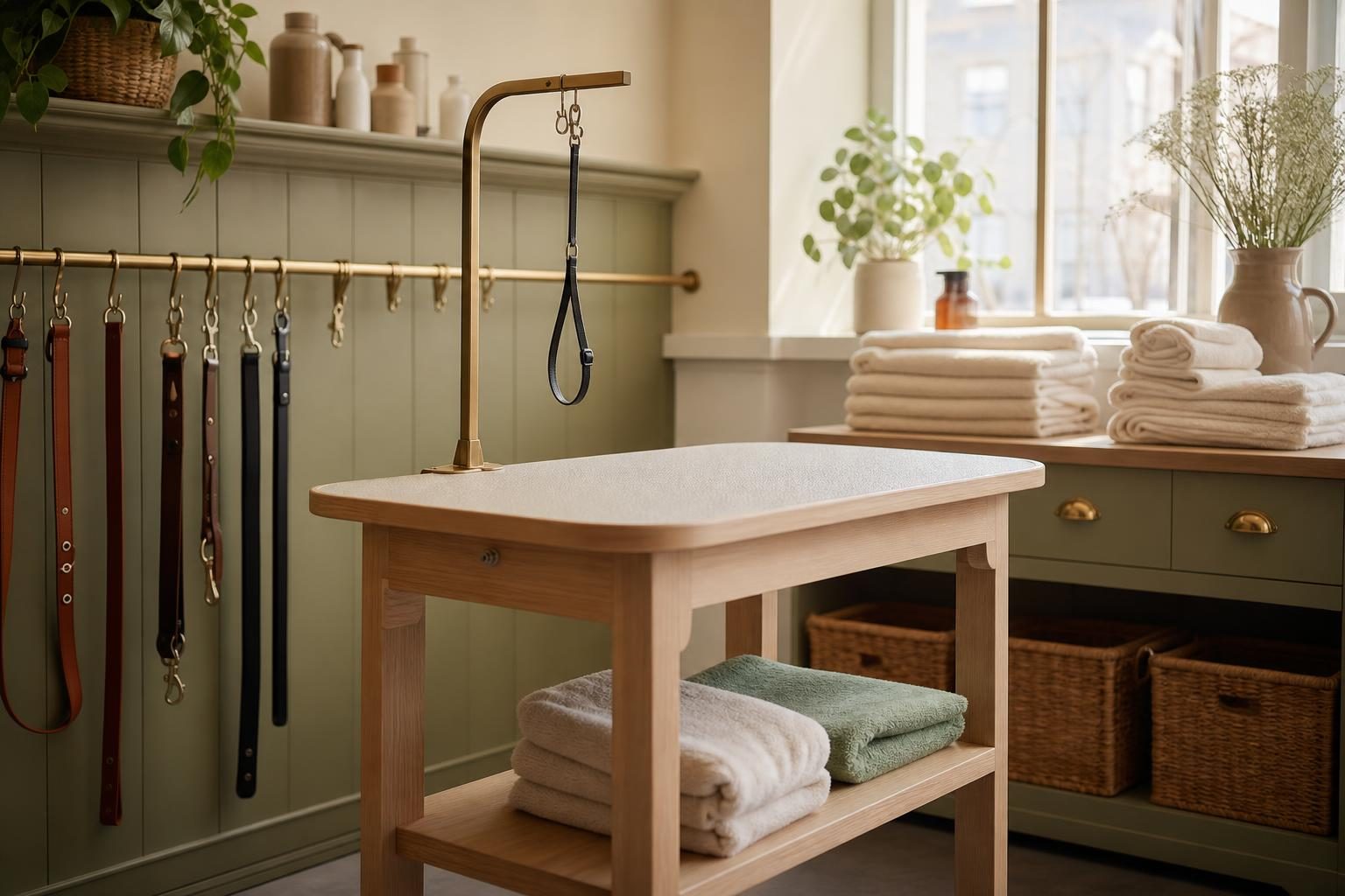Inside the grooming studio: an oak table, sage walls, towels and leads on brass hooks.