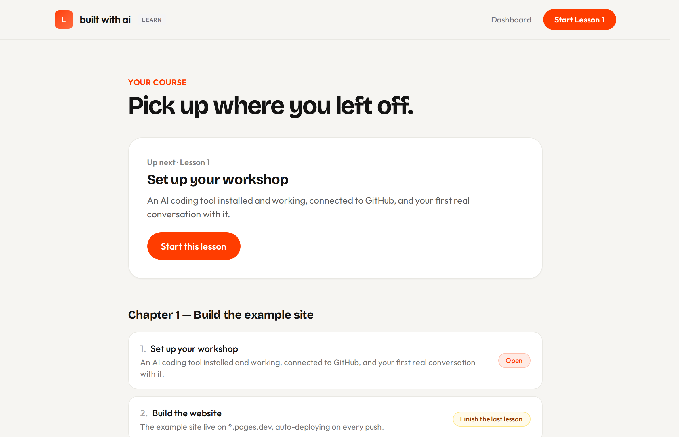 The course dashboard, showing Lesson 1 open and the following lessons listed by chapter.