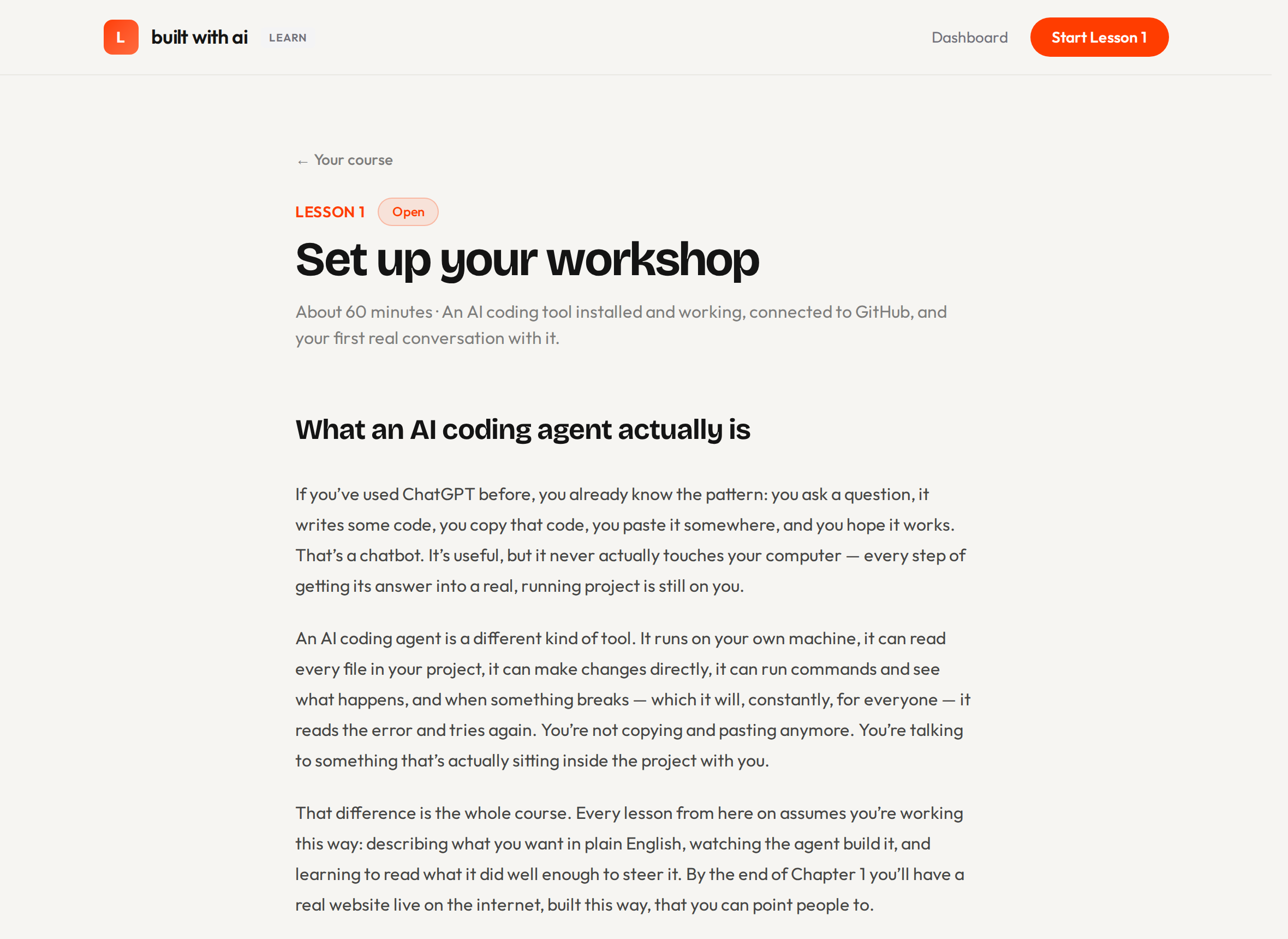 A lesson page, showing the written lesson content and the quiz at the end.