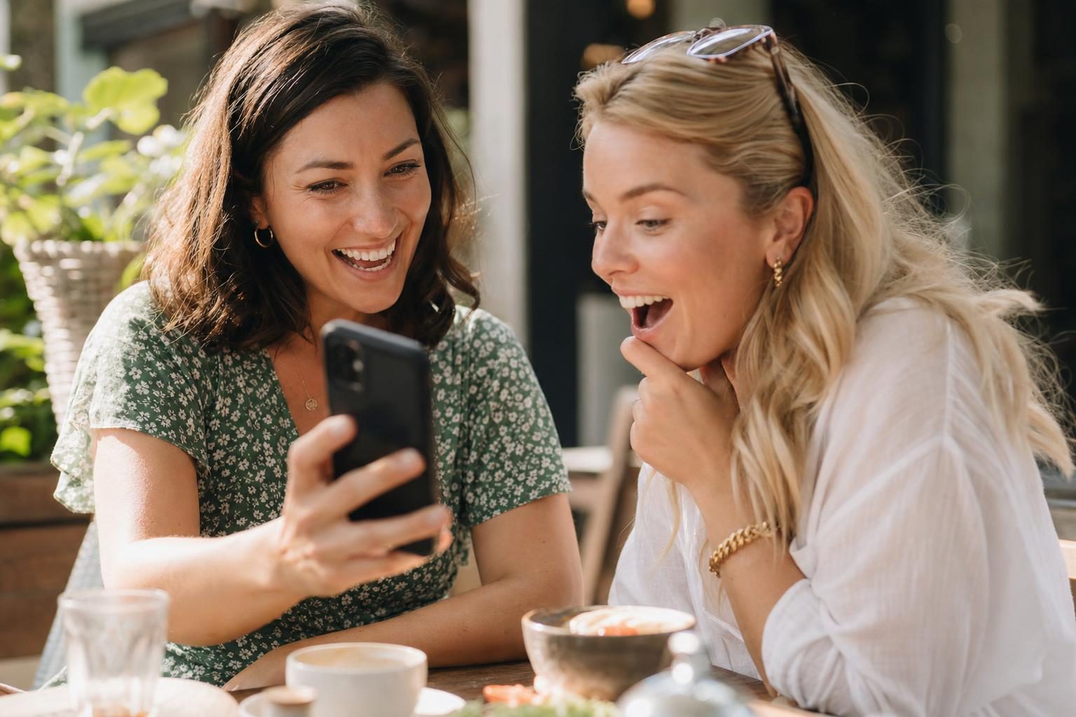 Two friends at a café, one excitedly showing the other something on her phone; the other is delighted.