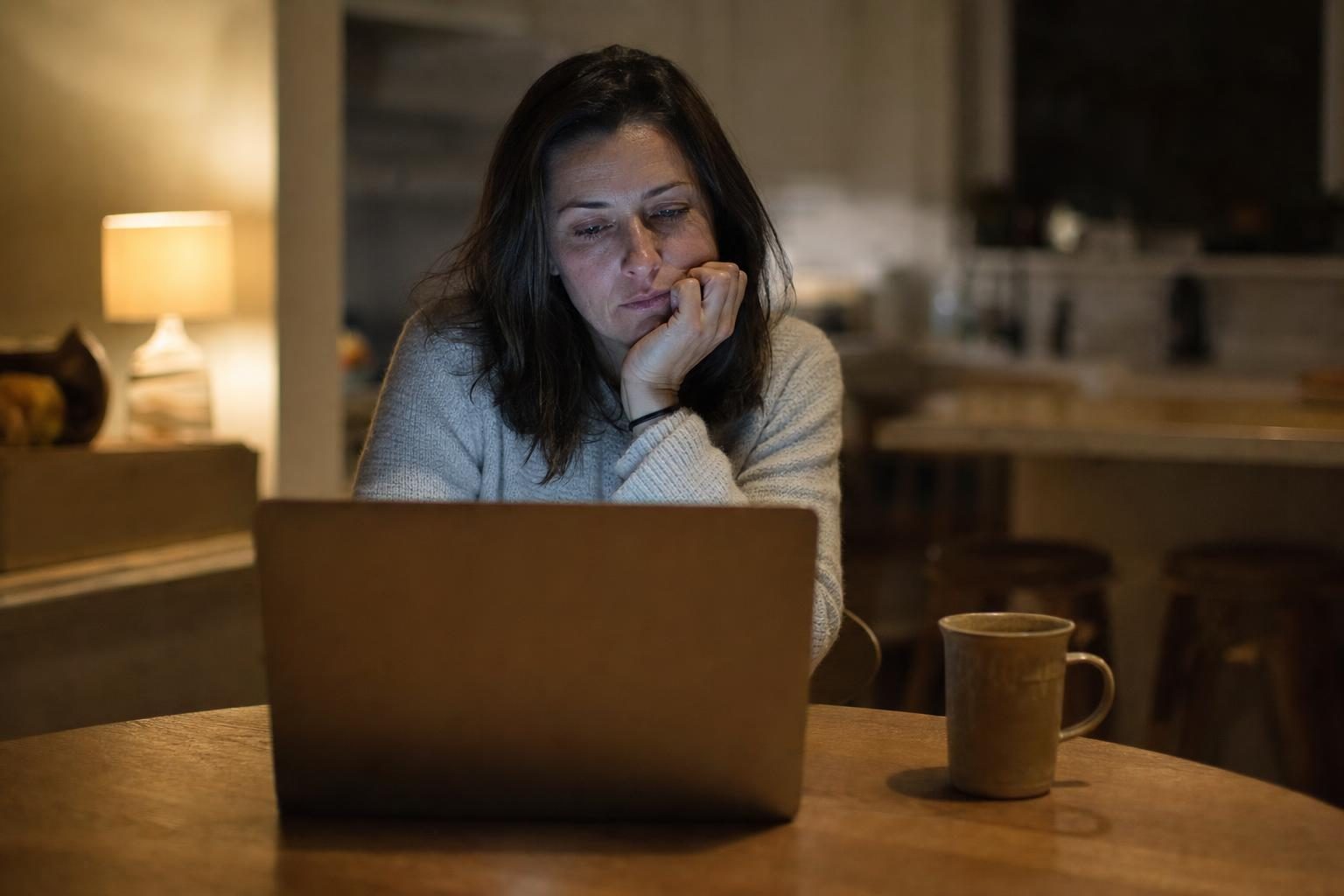 A woman at her kitchen table late in the evening, lit by her laptop, looking tired and frustrated.